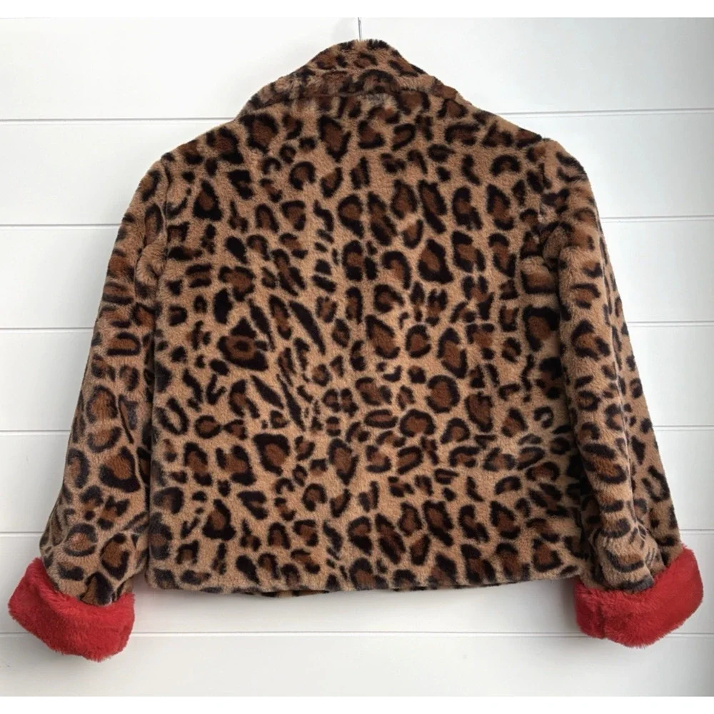 IMOGA Emma Leopard Faux Fur Coat Girls Size 10 Animal Print Jacket Red Trim